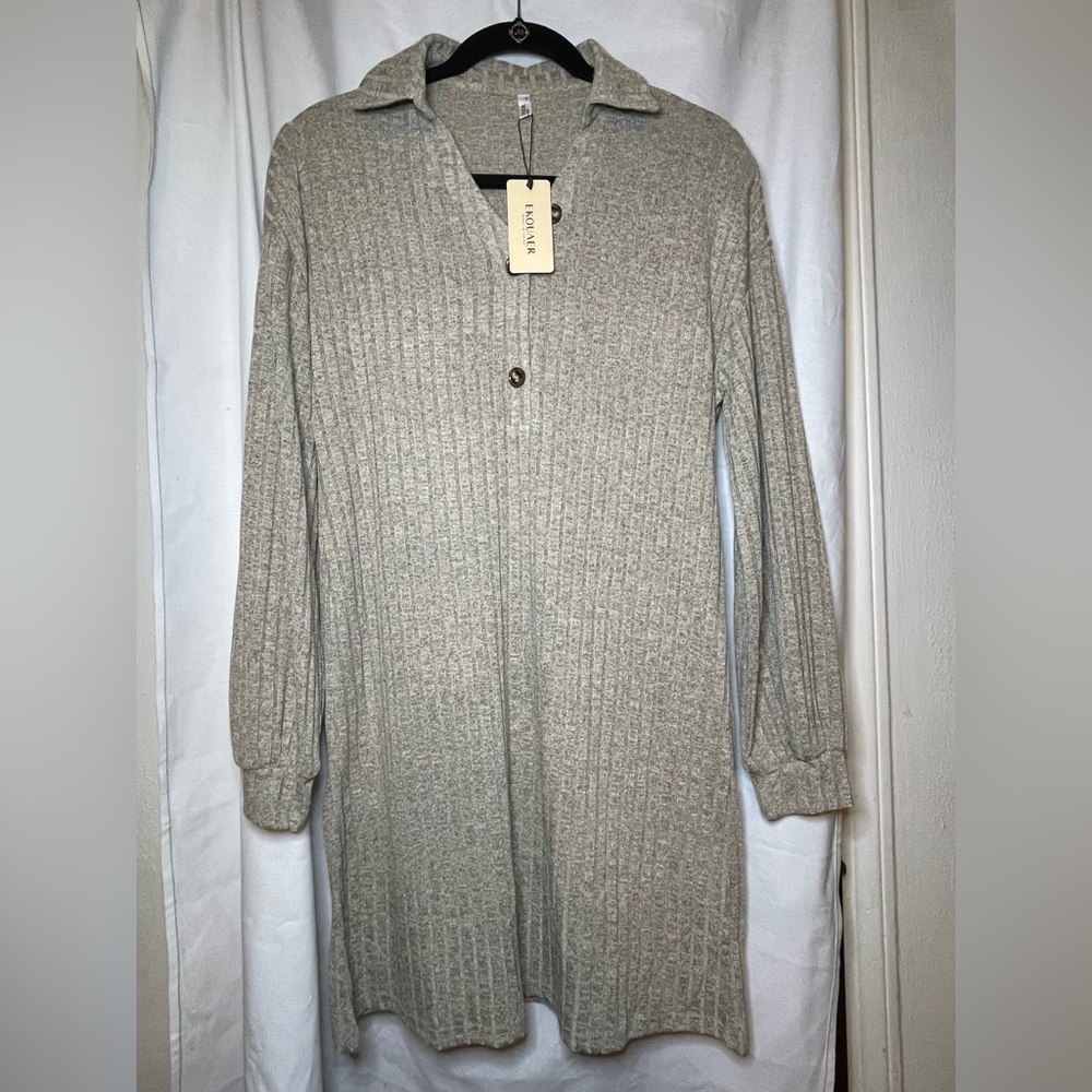 NWT Ekouaer Tan Gray Ribbed 1/4 Button Top Loungewear Sleep Dress Size S